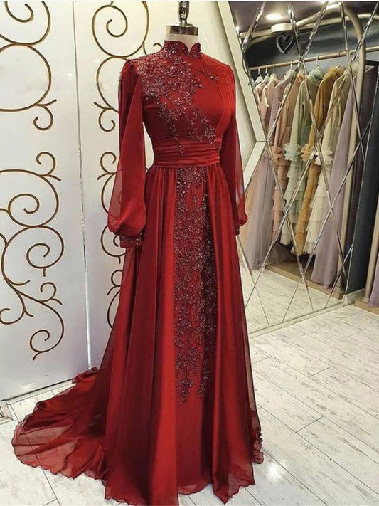 Stand Collar Luxury Long Sleeve Evening Dress