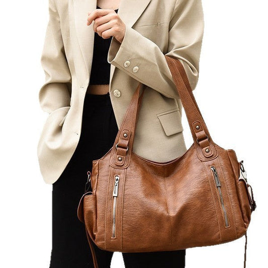 Retro Solid Color Simple Textured One-shoulder Bag Large Capacity Women