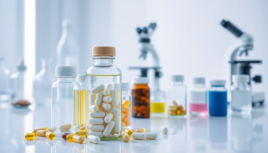 Various health supplements and a microscope representing the science behind supplements by qaziposh.com