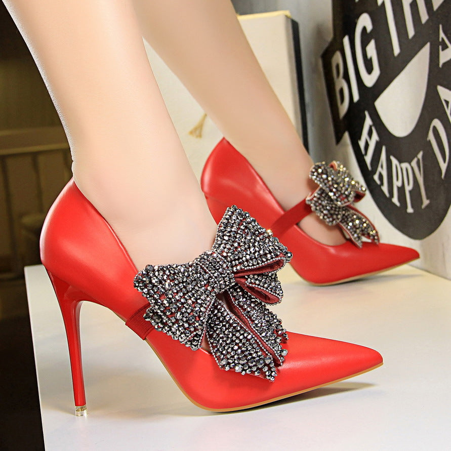 Qaziposh Korean Style Elegant Rhinestone Bow Banquet High Heels – Pointed Toe Stilettos