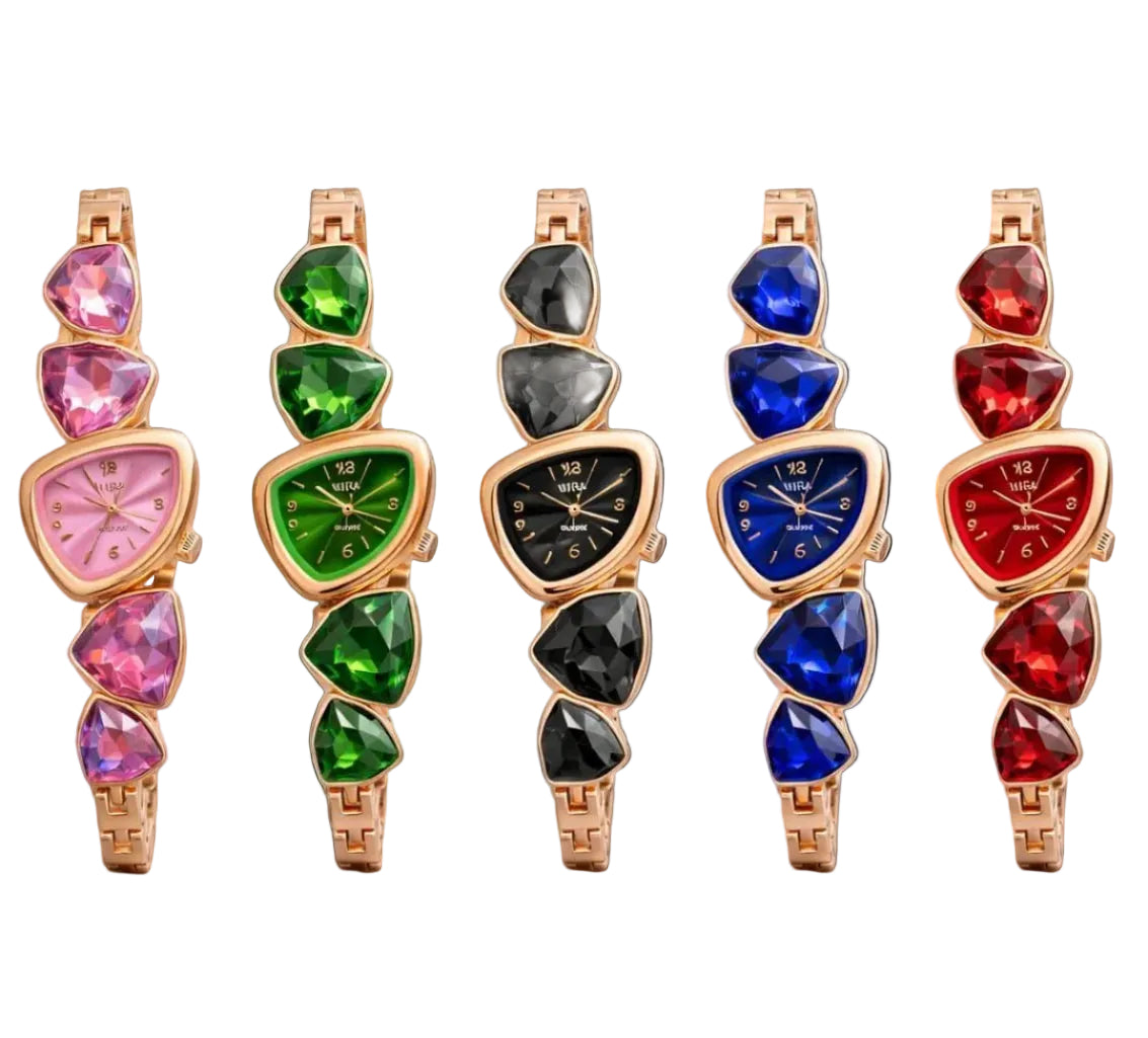 Five colorful gemstone watches on a beige background.