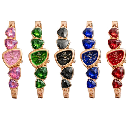 Five colorful gemstone watches on a beige background.