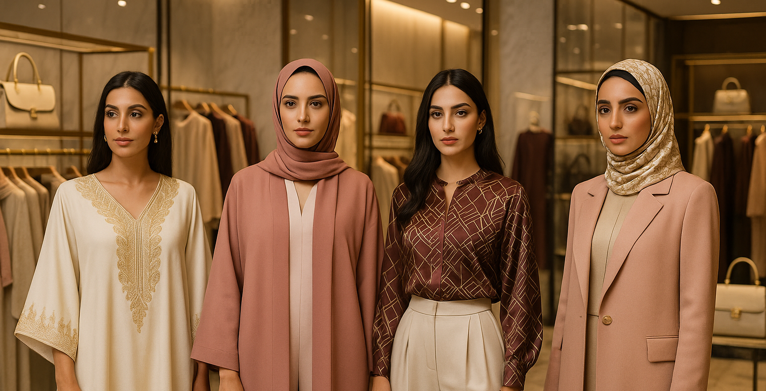 Four women in hijabs standing in a clothing store