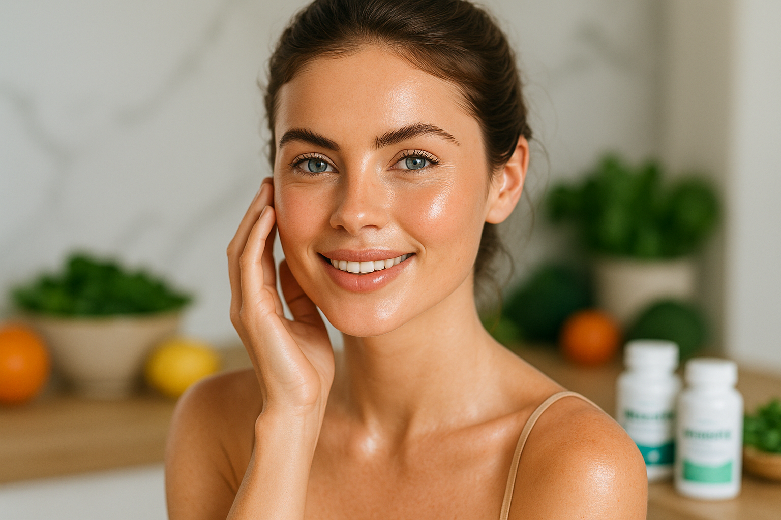 health care by food supplements lgg beatyfull girl with glowing skin and blue eyes